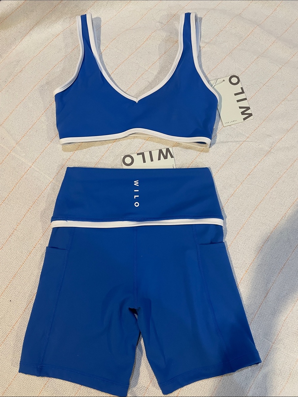 WILO Contrast Bind Bra & Short 2 Piece Activewear Set Cobalt Blue with White Pip